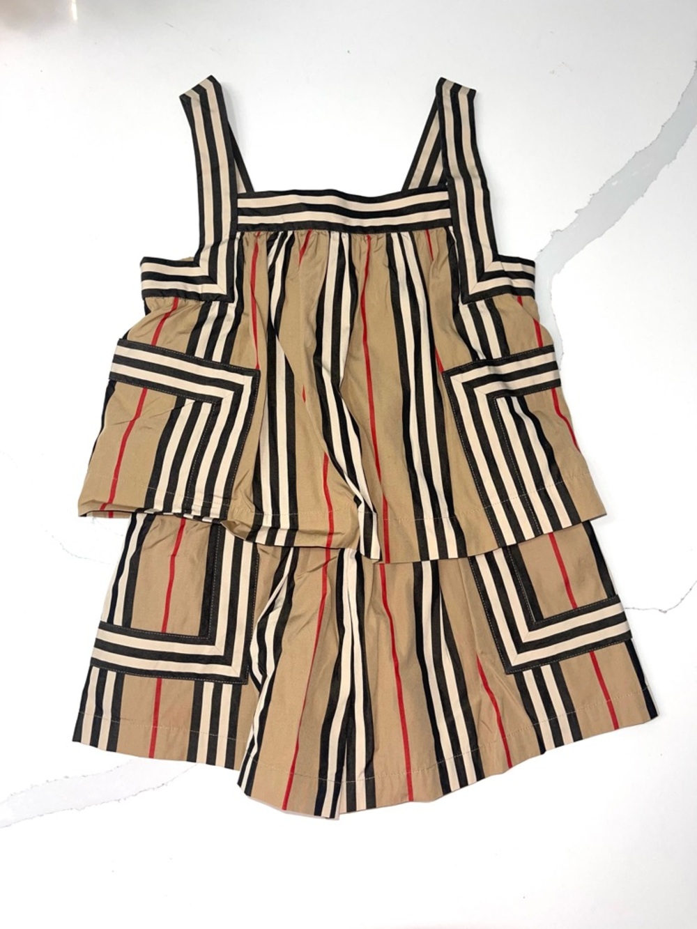 Burberry Tan, Black & Red Striped Girls' Romper